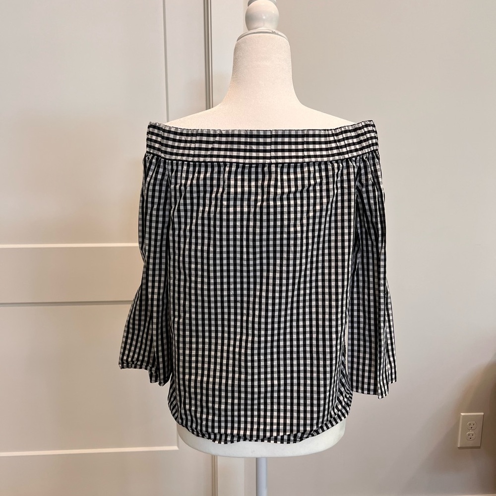 Uterque Black and White Checkered Off-Shoulder Blouse - Picture 2 of 6
